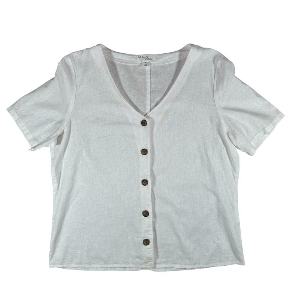 MORGAN TAYLOR White Linen Button Up Large Vacation Resort Casual boho beach Top